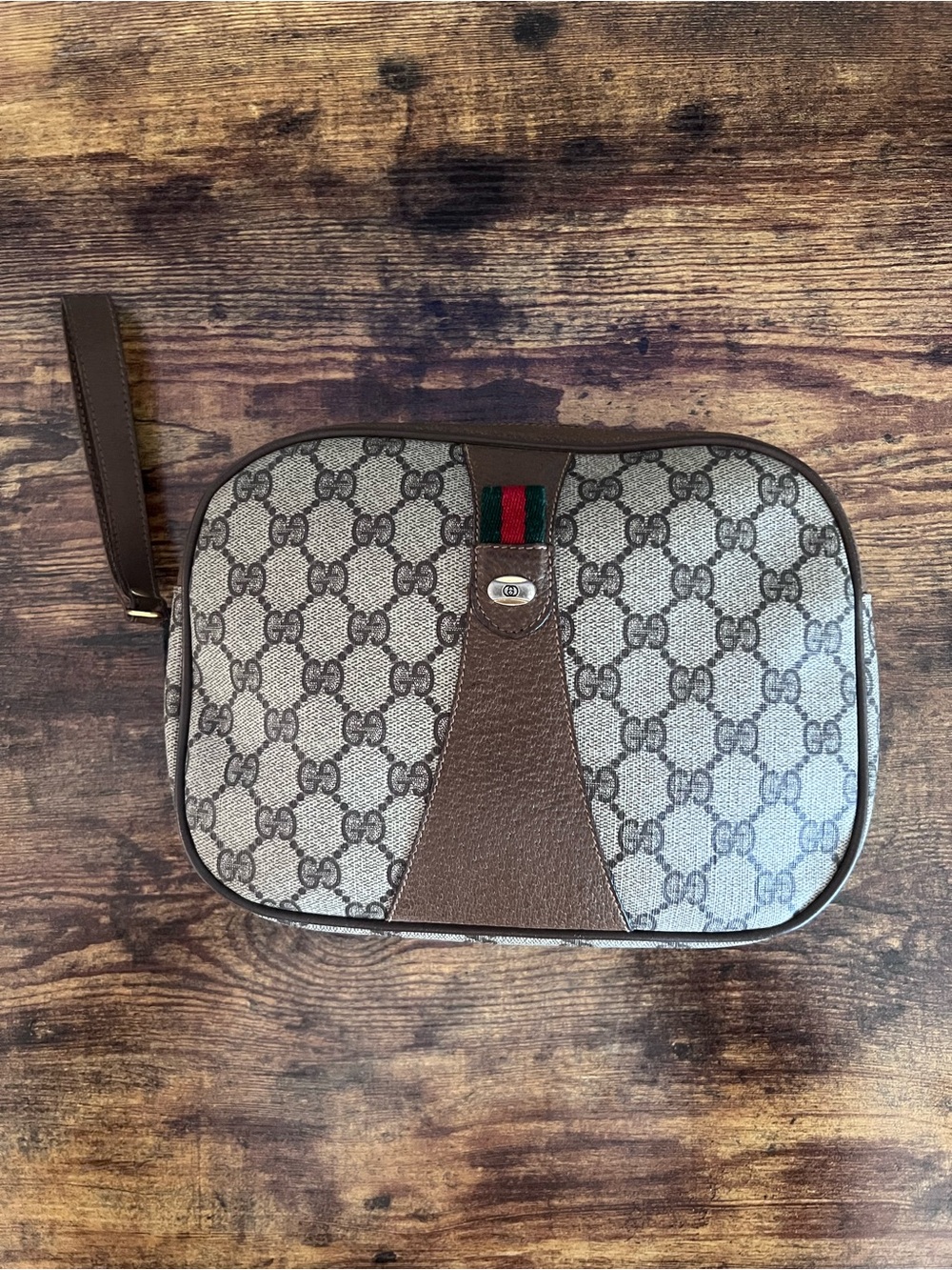 Vintage 80s Gucci Brown GG Supreme Canvas Wristlet with Sherry Line Stripe